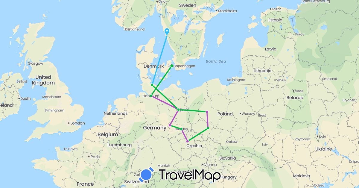 TravelMap itinerary: driving, bus, train, boat in Czech Republic, Germany, Denmark, Poland, Sweden (Europe)